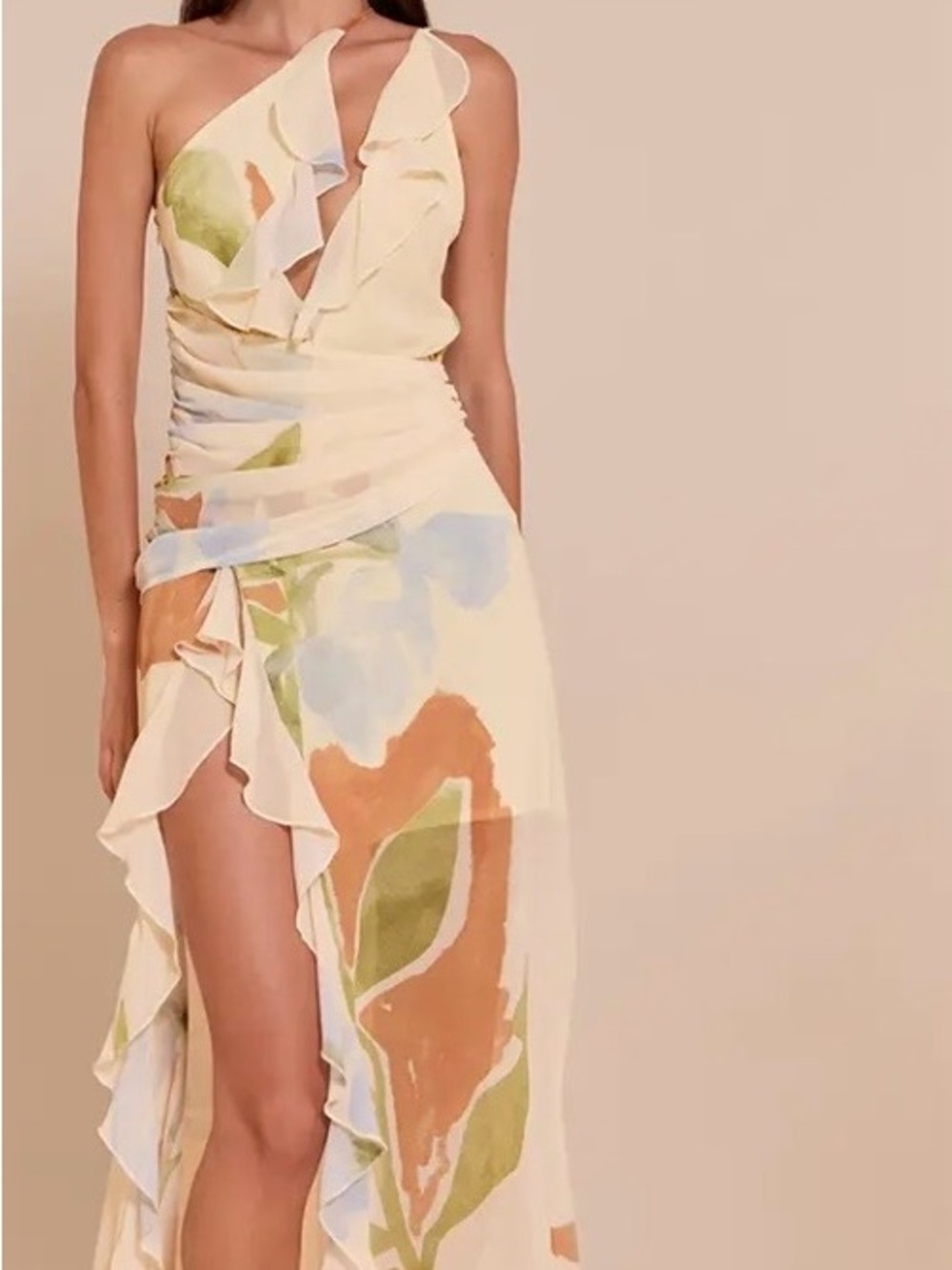 PrettyLittleThing Cream Floral Chiffon Frill Plunge Strappy Maxi Dress Size 2